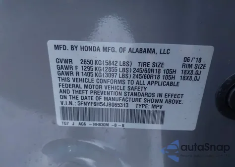 2018 Honda Pilot Ex-L z USA, uszkodzony, nr VIN 5FNYF6H54JB065313